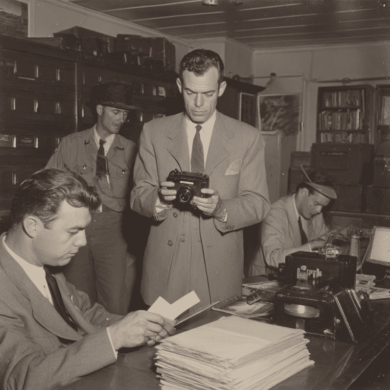 1952 Air Force analysts examining an early UFO photograph submitted by a civilian.