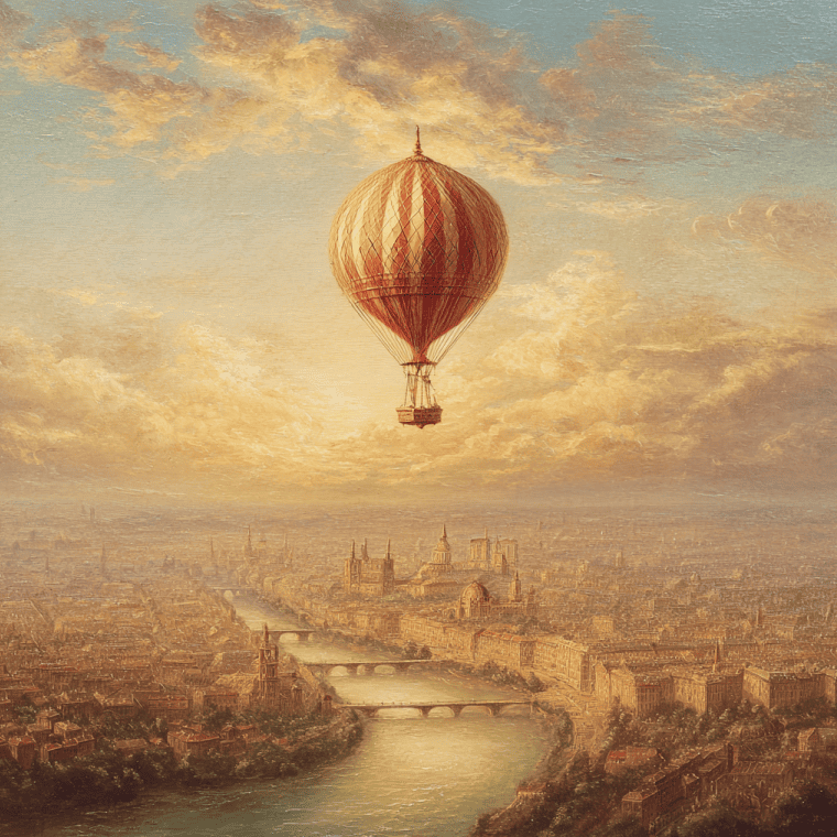 Illustration of the first manned Montgolfier balloon flight over Paris in 1783.