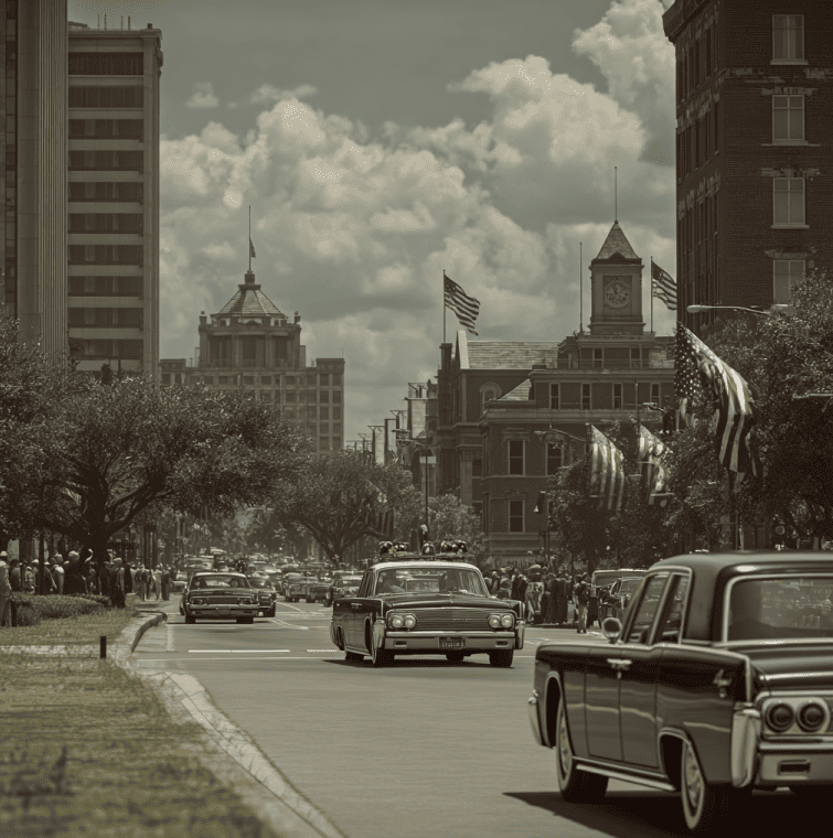 Recreation of President Kennedy’s motorcade in Dealey Plaza on November 22, 1963.