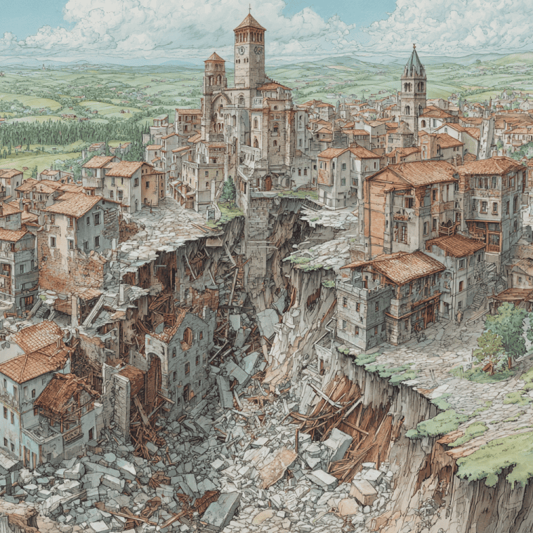 Illustration of the 1347 Friuli Earthquake destroying medieval structures.