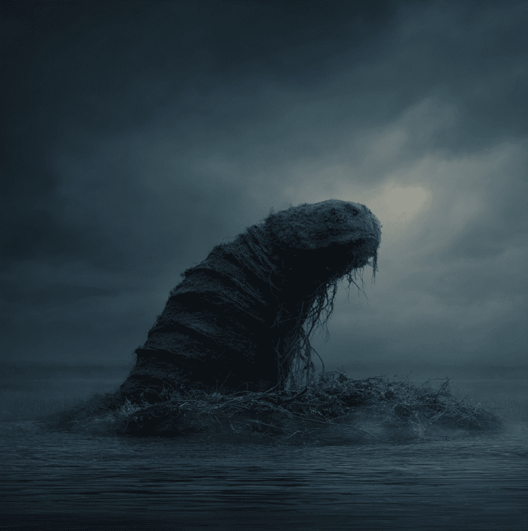 Large earthworm-like creature rising from a Brazilian marsh, inspired by Minhocão accounts from 19th-century naturalists.