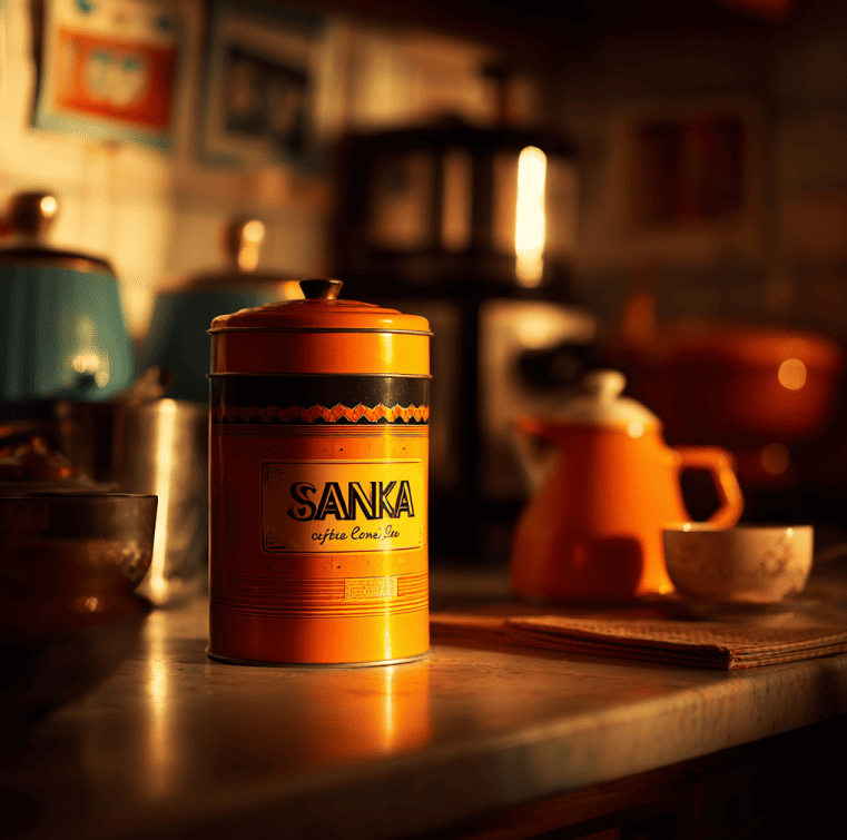 Vintage Sanka coffee tin with classic orange label on a mid-century kitchen counter.