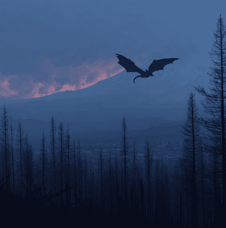 Winged humanoid figure flying near Mount St. Helens, representing reported Batsquatch sightings.