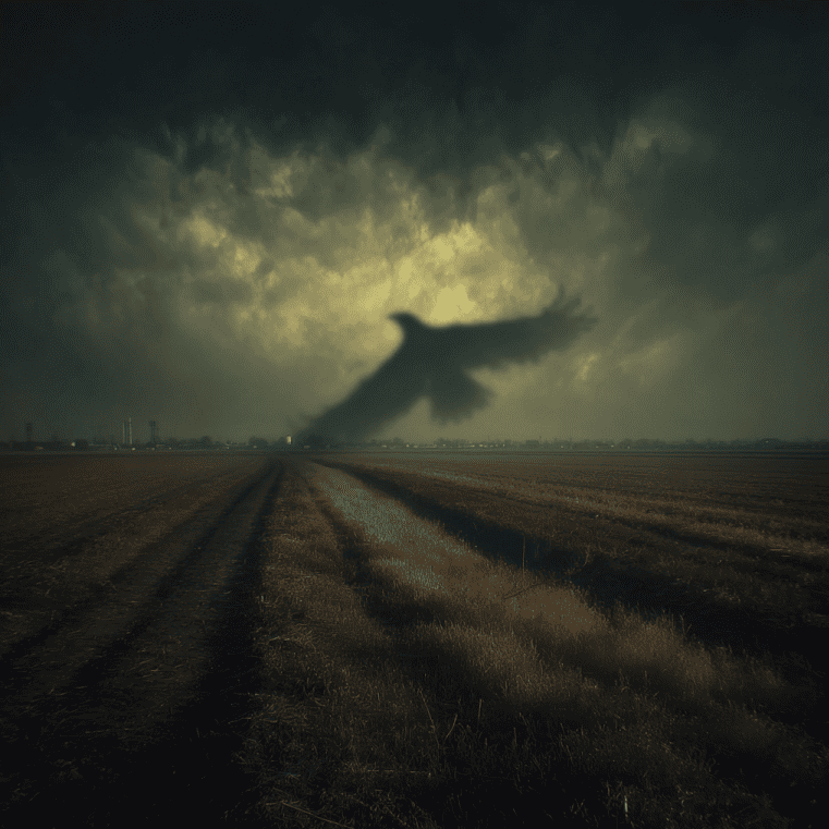 Illustration of a giant bird silhouette flying above rural American farmland, representing Thunderbird sightings