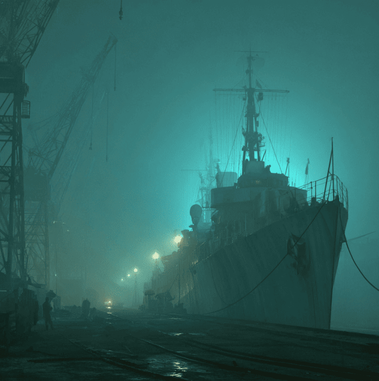 Historic U.S. Navy destroyer escort in a foggy 1943 Philadelphia shipyard, referencing the alleged Philadelphia Experiment.