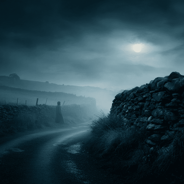 Ghostly woman in gray along a misty Irish road, representing the Banshee of Crag Road