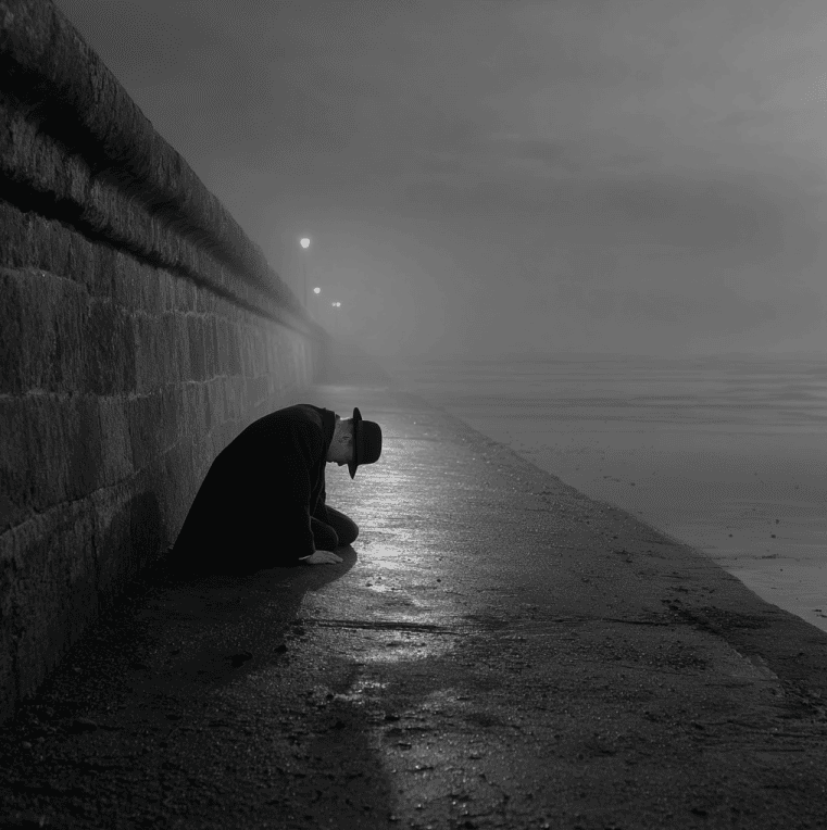 The Somerton Man seated against a seawall on Somerton Beach, referencing the Tamam Shud mystery.