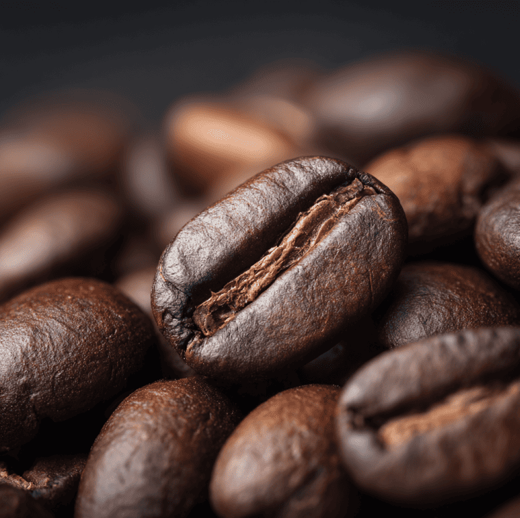 Overdeveloped coffee beans showing darkened surfaces and oil migration, illustrating chemical breakdown during roasting.