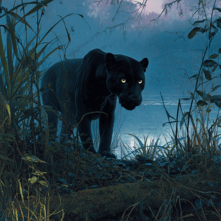 Artistic depiction of the Beast of Bladenboro moving through a moonlit North Carolina swamp.