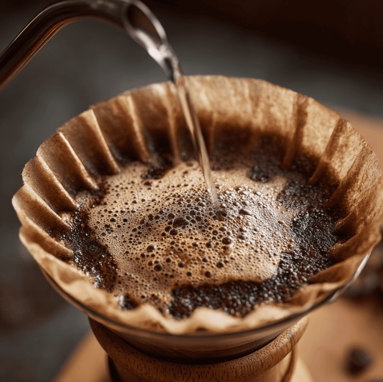 Fresh coffee grounds blooming vigorously during a pour-over, illustrating origin-based differences in gas release.