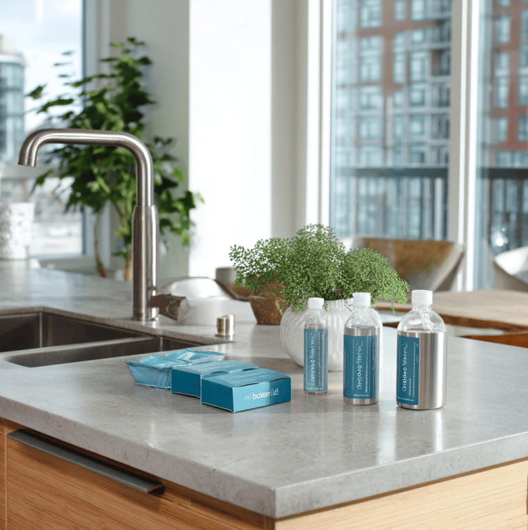 Refillable cleaning bottles and dissolvable tablets on a kitchen counter, representing Blueland’s rise in sustainable household products.