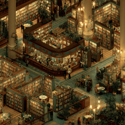 A 1990s style bookstore with tall shelves and a café area, symbolizing the era of Barnes and Noble and Borders competition.