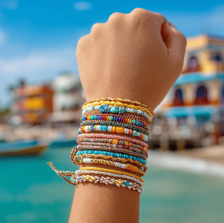 Stacked colorful Pura Vida bracelets photographed on a beach, representing the brand’s rise from artisan craft to global success
