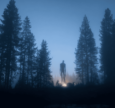 Shadowy giant humanoid silhouette near Shaver Lake at dusk, illustrating modern sightings