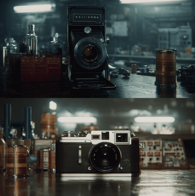 A vintage Kodak film camera next to an early digital camera prototype, symbolizing the company’s struggle to transition from film to digital technology.