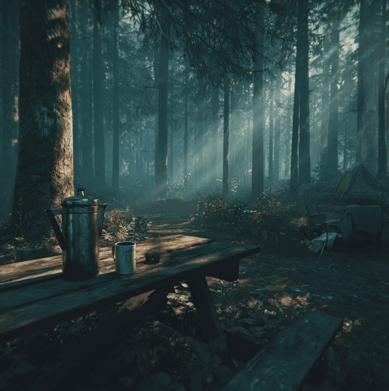 The abandoned Cowden family campsite with coffee on the table, representing their 1974 disappearance.