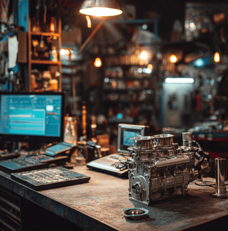 Carburetor on a mechanic’s bench contrasted with electronic diagnostic tools illustrating the decline of carburetor specialists after fuel injection.