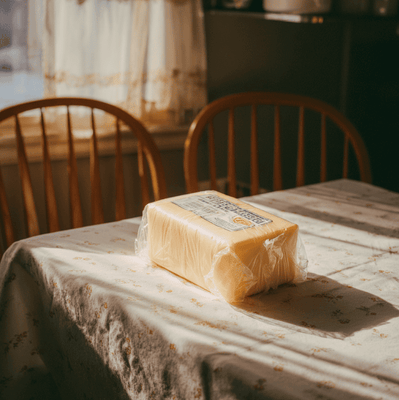 Block of government-issued cheese representing U.S. surplus dairy distribution and food assistance policy.