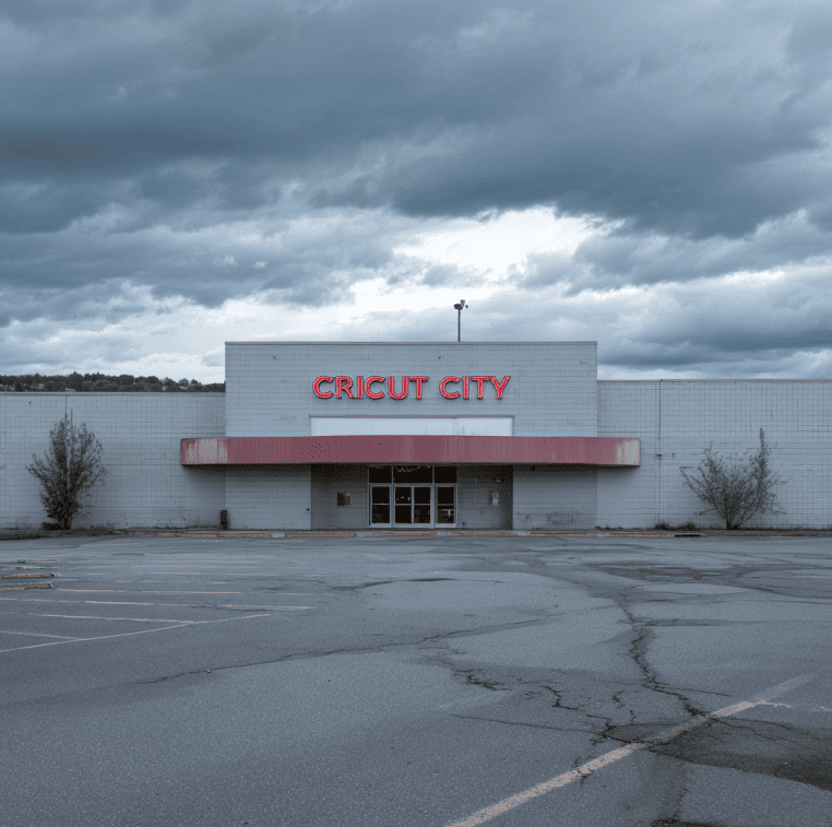 Vacant Circuit City store with faded red signage, representing the company’s failed reinvention and eventual collapse.
