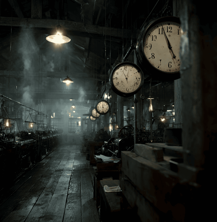 Row of vintage factory clocks all stopped at 1:46 during an industrial incident, symbolizing the unexplained simultaneous failure.