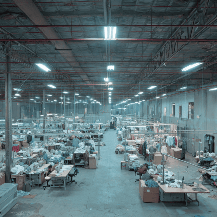 Interior of an American Apparel factory floor in Los Angeles, representing the rise and fall of the company’s manufacturing empire.
