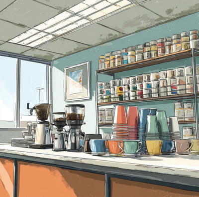 Shelf-stable coffee creamer in a mid-century office break room illustrating how refrigeration-free design reshaped institutional coffee service.