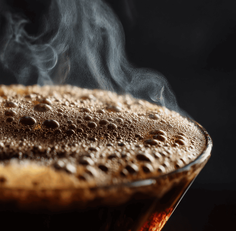 Pour-over coffee bloom with bubbling, expanding grounds illustrating CO₂ off-gassing and freshness differences.