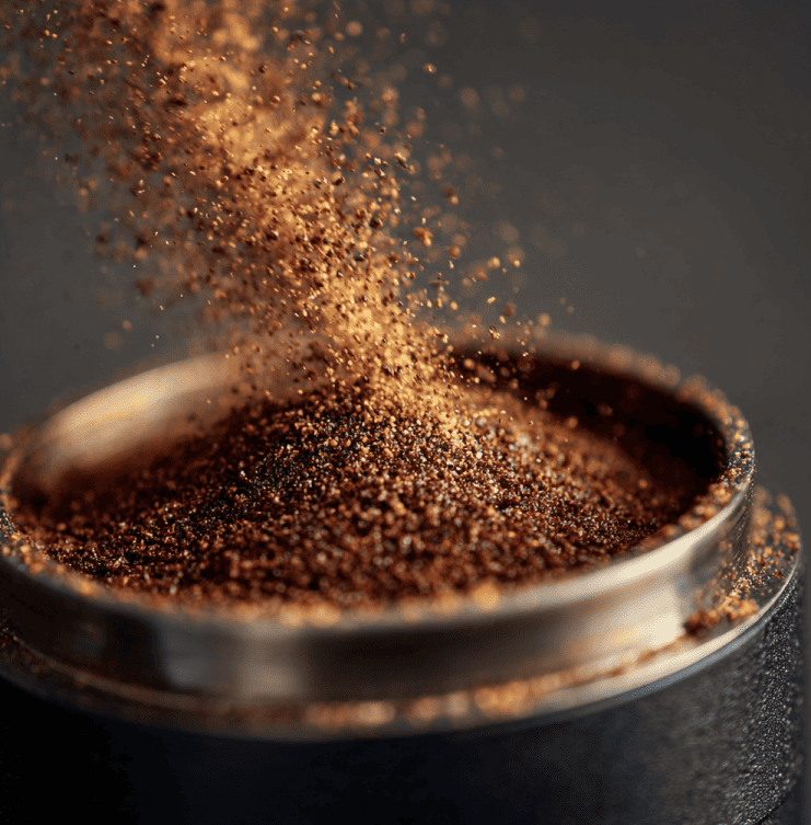 Coffee grinder dispensing grounds with visible static and moisture effects, illustrating humidity’s impact on grinding.