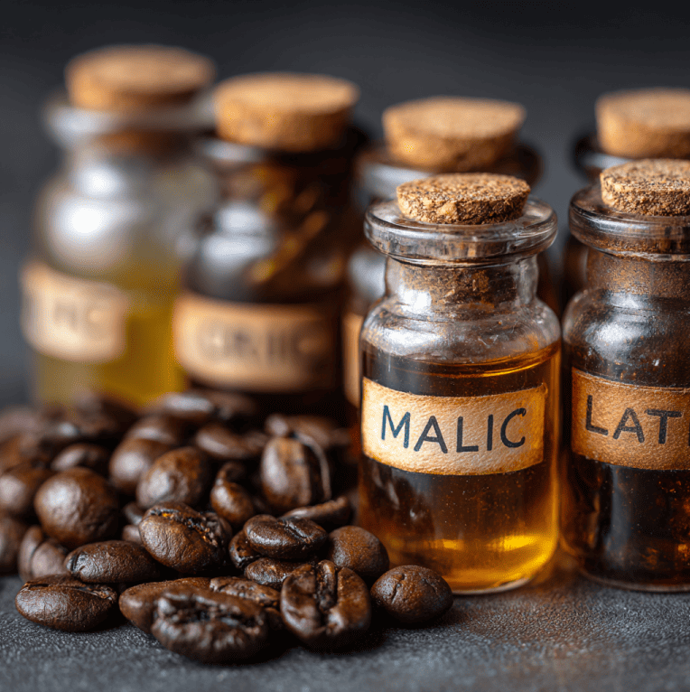 Close-up of coffee beans next to vials of organic acids, illustrating how acidity shapes coffee flavor.
