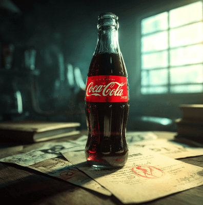 A vintage Coca Cola bottle with medical pamphlets in the background, symbolizing the origins of the kidney killer rumor.