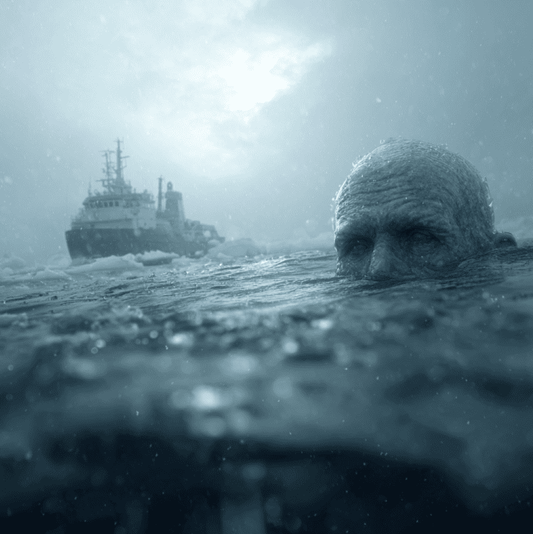 Alleged Ningen figure beneath Antarctic waters near a Japanese research vessel.