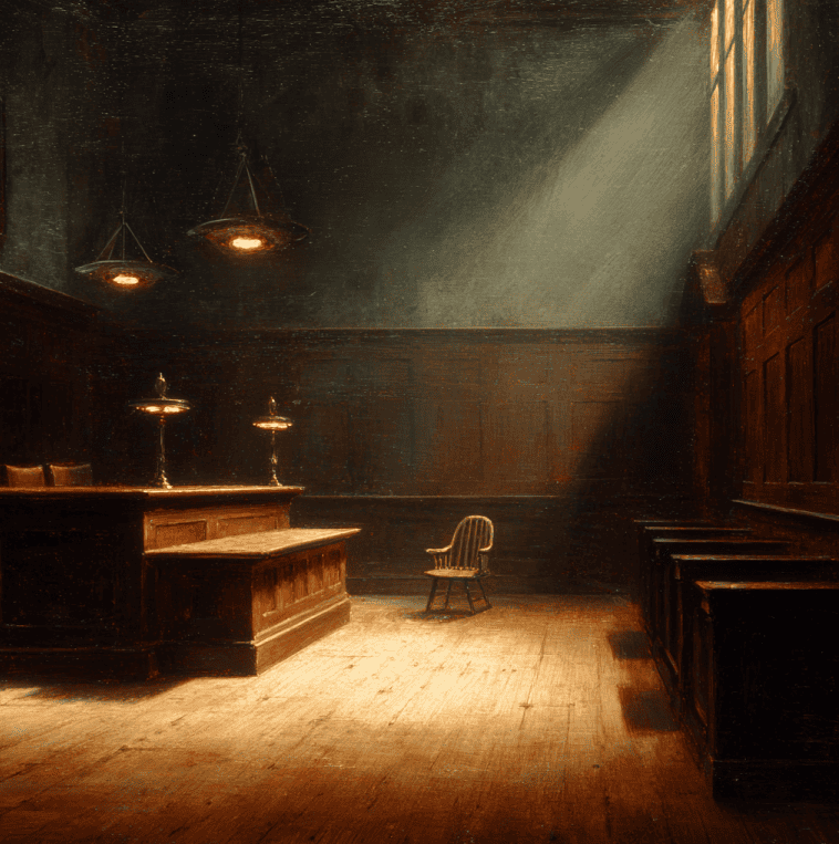 Old municipal courtroom setting with an empty defendant chair, representing the town that held a trial for a misbehaving ghost.