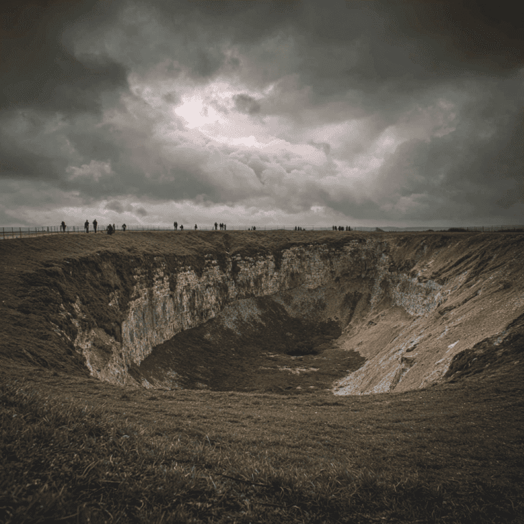 The Lochnagar Crater in France, a massive World War I mine crater preserved as a Somme battlefield memorial.