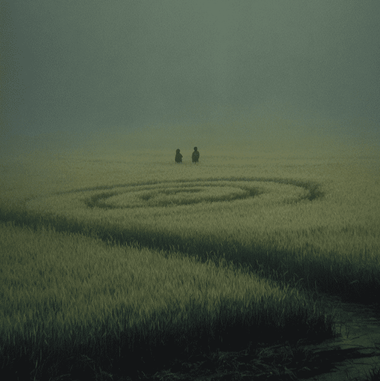 Misty English field with a fresh crop circle and faint green childlike figures near the formation.