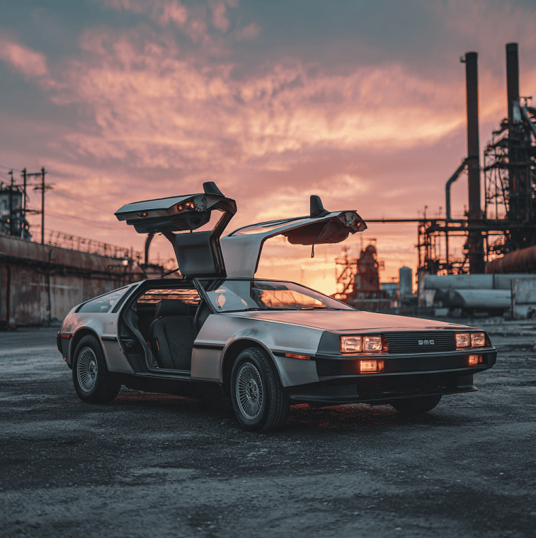 DeLorean DMC-12 with gull-wing doors raised in front of an abandoned factory, symbolizing the brand’s collapse and cult legacy