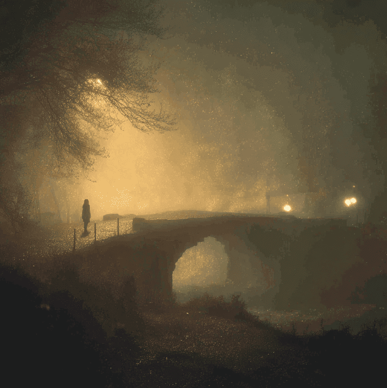A glowing hitchhiker dissolving into golden mist near a rural English stone bridge, representing the Farmer’s Bridge vanishing apparition.