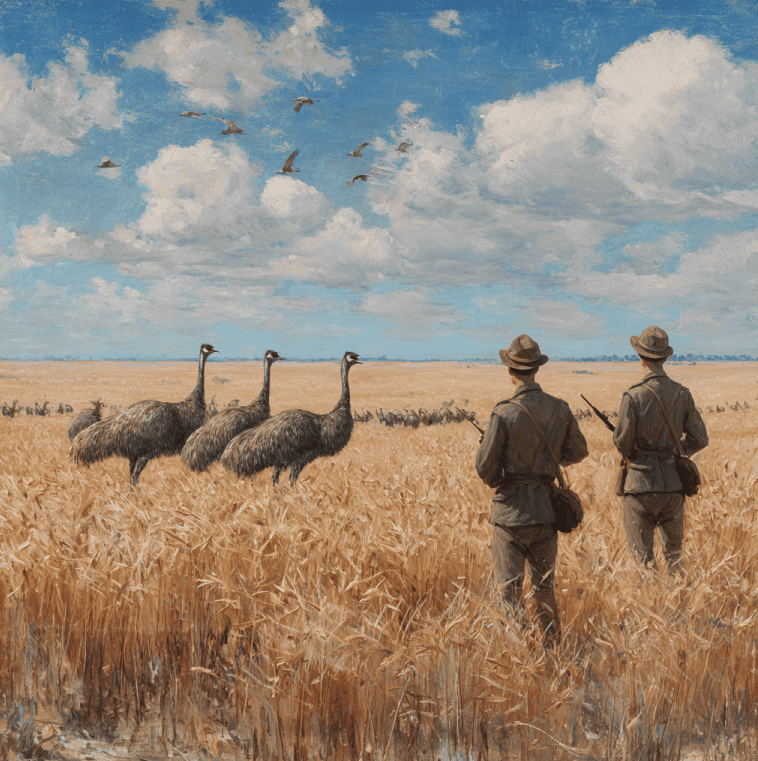 Soldiers in 1932 Western Australia attempting to control a flock of emus during the Great Emu War