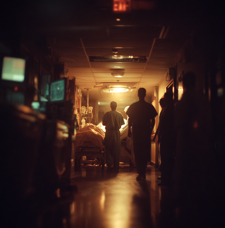 1990s emergency room scene with distressed medical staff, inspired by the Gloria Ramirez “Toxic Lady” incident.