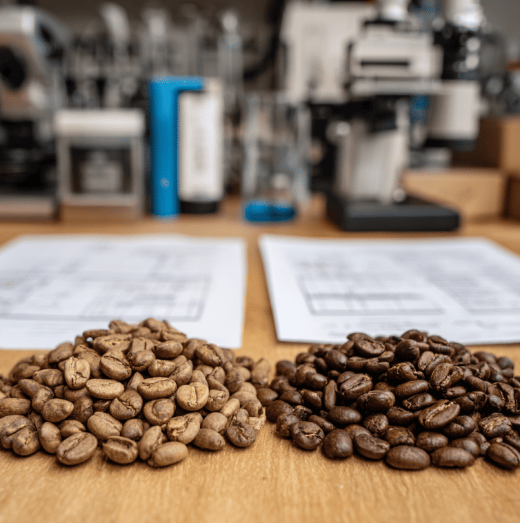 Arabica and Robusta coffee beans side by side, highlighting the global fraud of mislabeling Robusta as premium Arabica