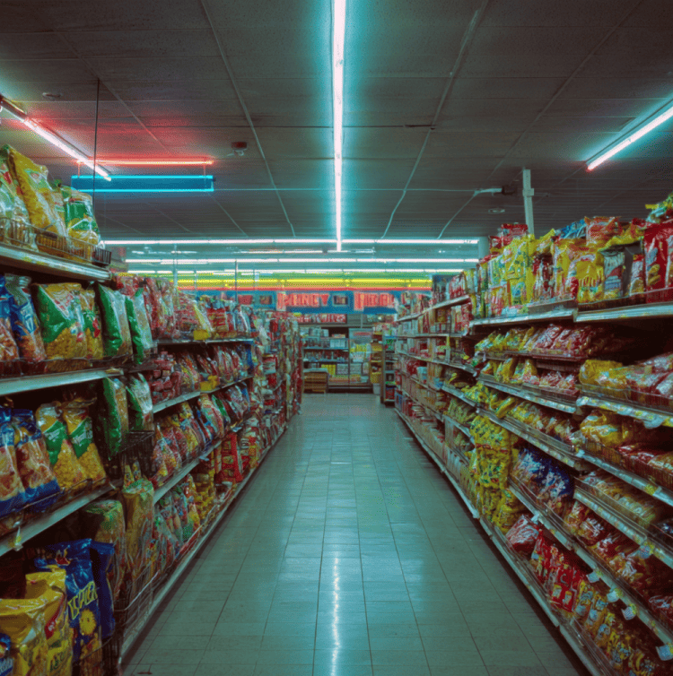 A colorful 1990s supermarket shelf filled with fat free snacks and brightly labeled diet products, symbolizing the decade’s food trend.