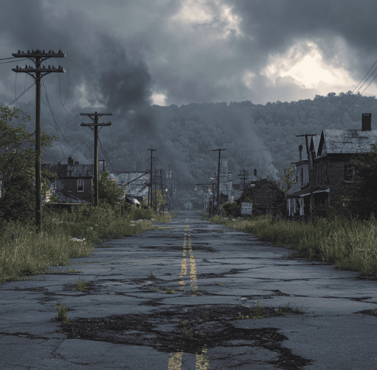 Smoke rising from vents in the abandoned town of Centralia, Pennsylvania, caused by the still-burning 1962 mine fire.