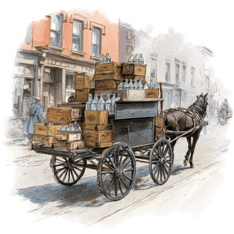 Vintage seltzer delivery wagon carrying glass siphon bottles through a busy early twentieth century American neighborhood.