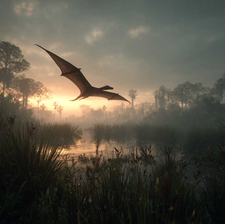 Silhouette of a winged, reptile-like creature flying over an African swamp, referencing the Kongamato legend
