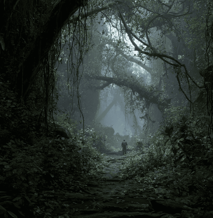 Small forest entity resembling a Chaneque peering from dense foliage in a Mexican rainforest.