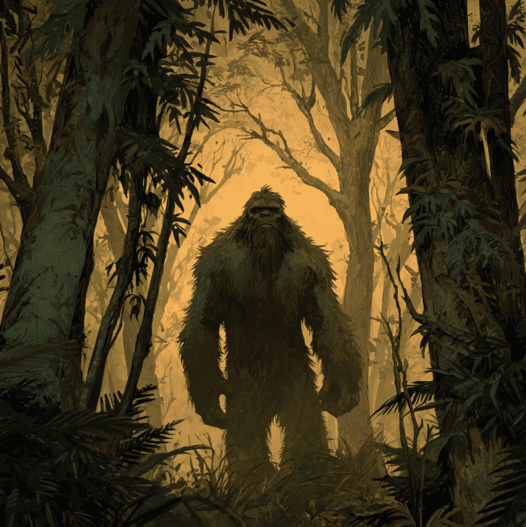 Large, hairy creature standing in dense Amazon rainforest, inspired by Mapinguari accounts from Indigenous groups and rubber tappers.