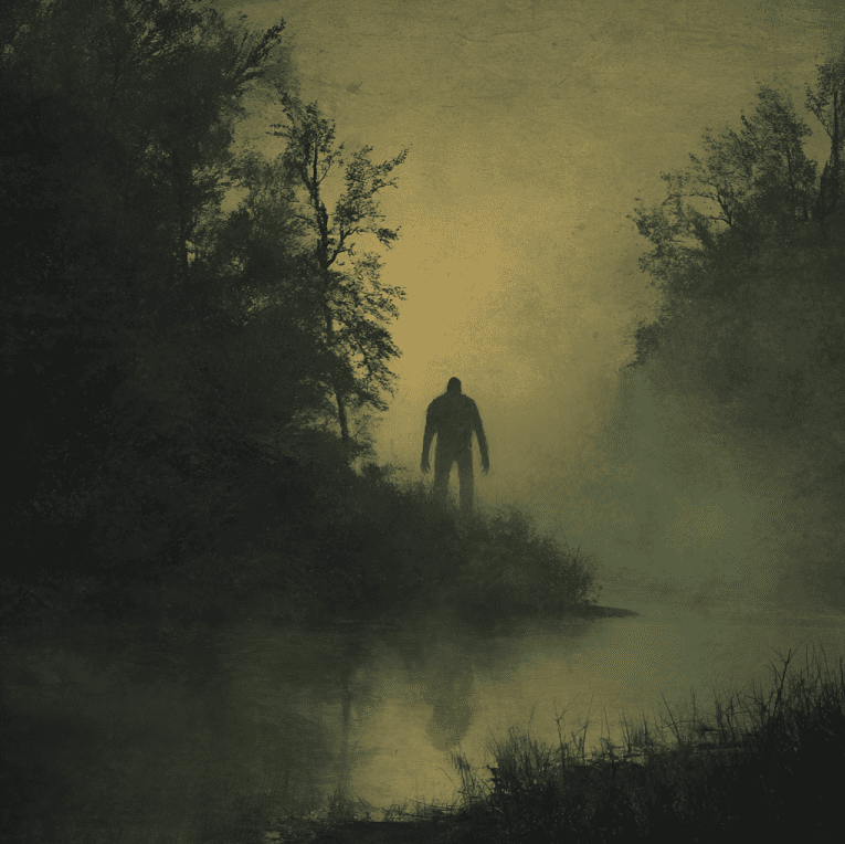 Shadowy upright creature near a swampy creek in Fouke, Arkansas, inspired by Boggy Creek sightings.