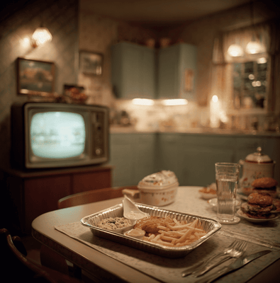 A 1950s style aluminum tray TV dinner ready to eat in front of an early television set, showing the origins of frozen meals in American homes.