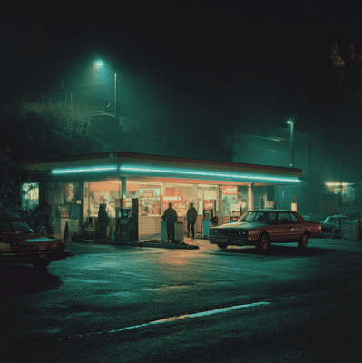 A brightly lit roadside convenience store at night with travelers getting food and coffee, symbolizing the modern replacement for classic American diners.