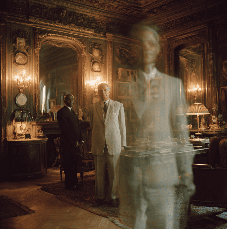 Ghostly unknown man appearing beside a visitor in a photograph taken inside Baleroy Mansion.