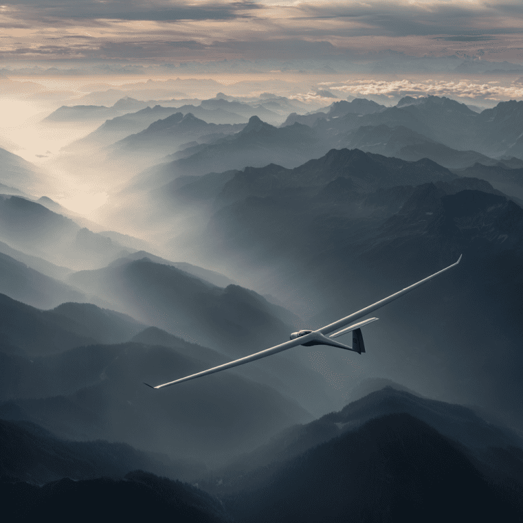 A sleek, silent glider rising unnaturally through the Alps’ mountain air, representing the Phantom Glider sightings reported by pilots.